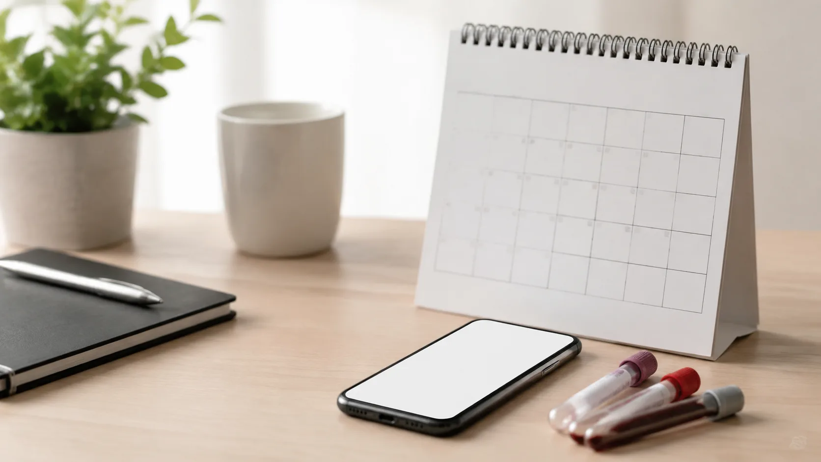 Calendário de agendamento, celular e materiais laboratoriais genéricos